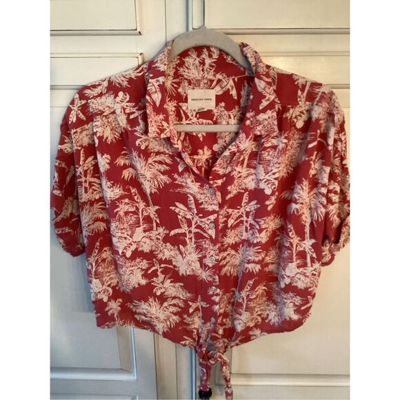 American Eagle Toile Hawaiian Crop Top Sz M Button Down Red Taupe - Picture 2 of 7